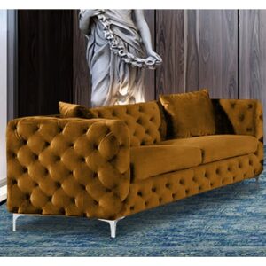 Mills Malta Plush Velour Fabric 3 Seater Sofa In Gold