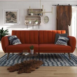 Brittan Linen Sofa Bed With Wooden Legs In Orange