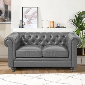 Hertford Chesterfield Faux Leather 2 Seater Sofa In Vintage Grey