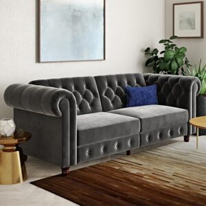 Flex Velvet Sofa Bed With Wooden Legs In Grey