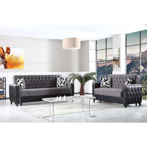 Kanata Plush Velvet Storage 3+2 Seater Sofa Beds In Grey Black