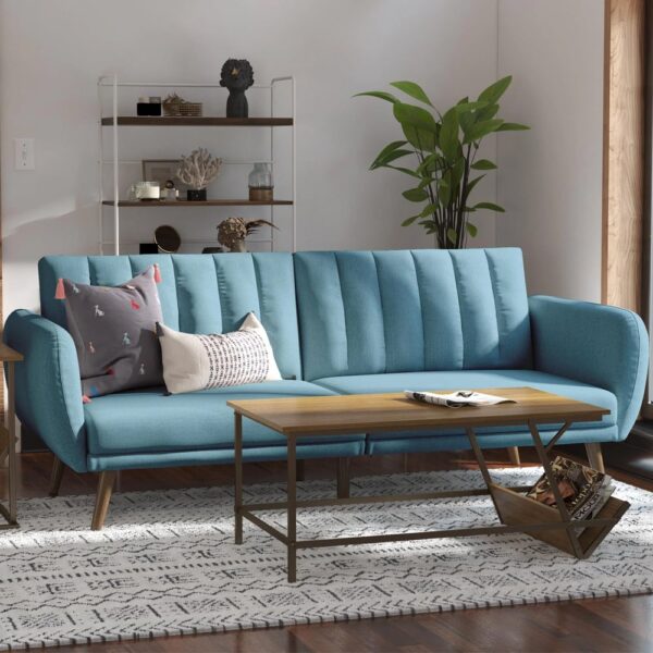 Brittan Fabric Sofa Bed With Wooden Legs In Light Blue