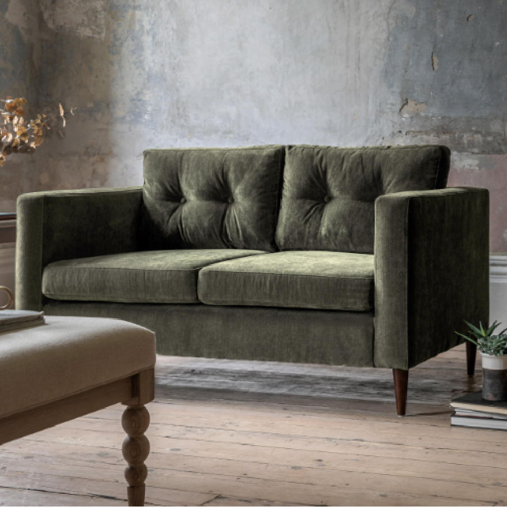 Wantagh Velvet 2 Seater Sofa With Oak Legs In Forest